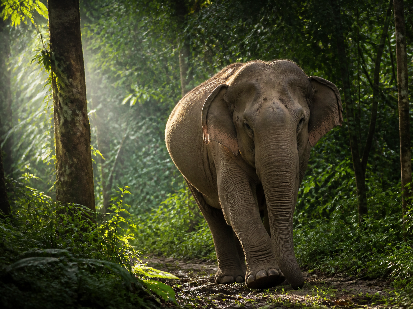 Asian Elephant walking through a forest-grassland landscape