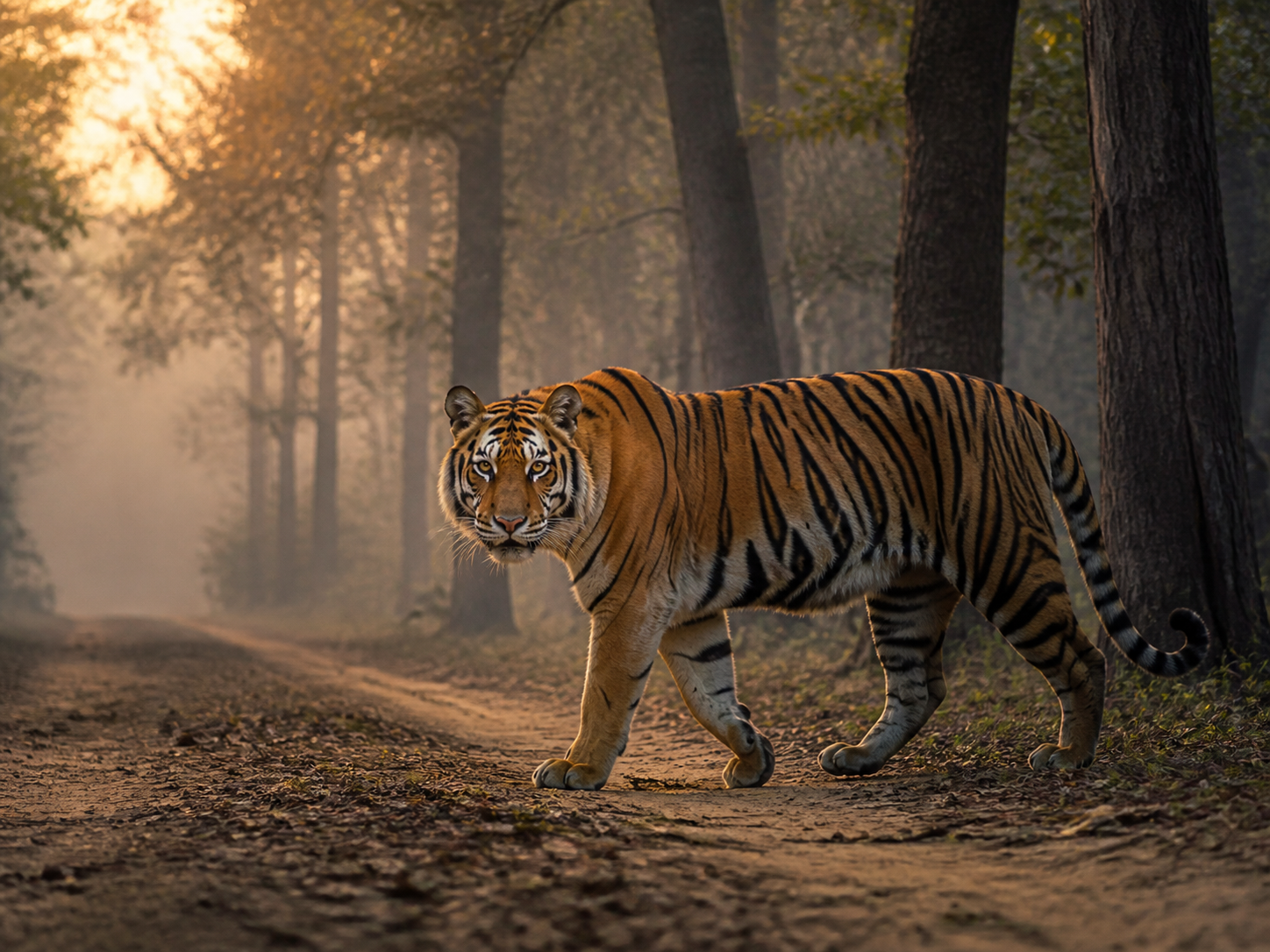 Bengal Tiger walking through a forest landscape