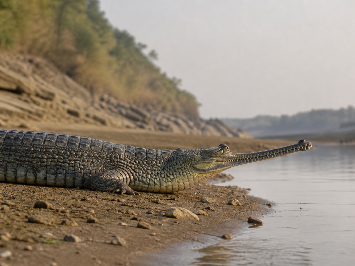 Gharial resting on a sandy riverbank beside the Chambal River