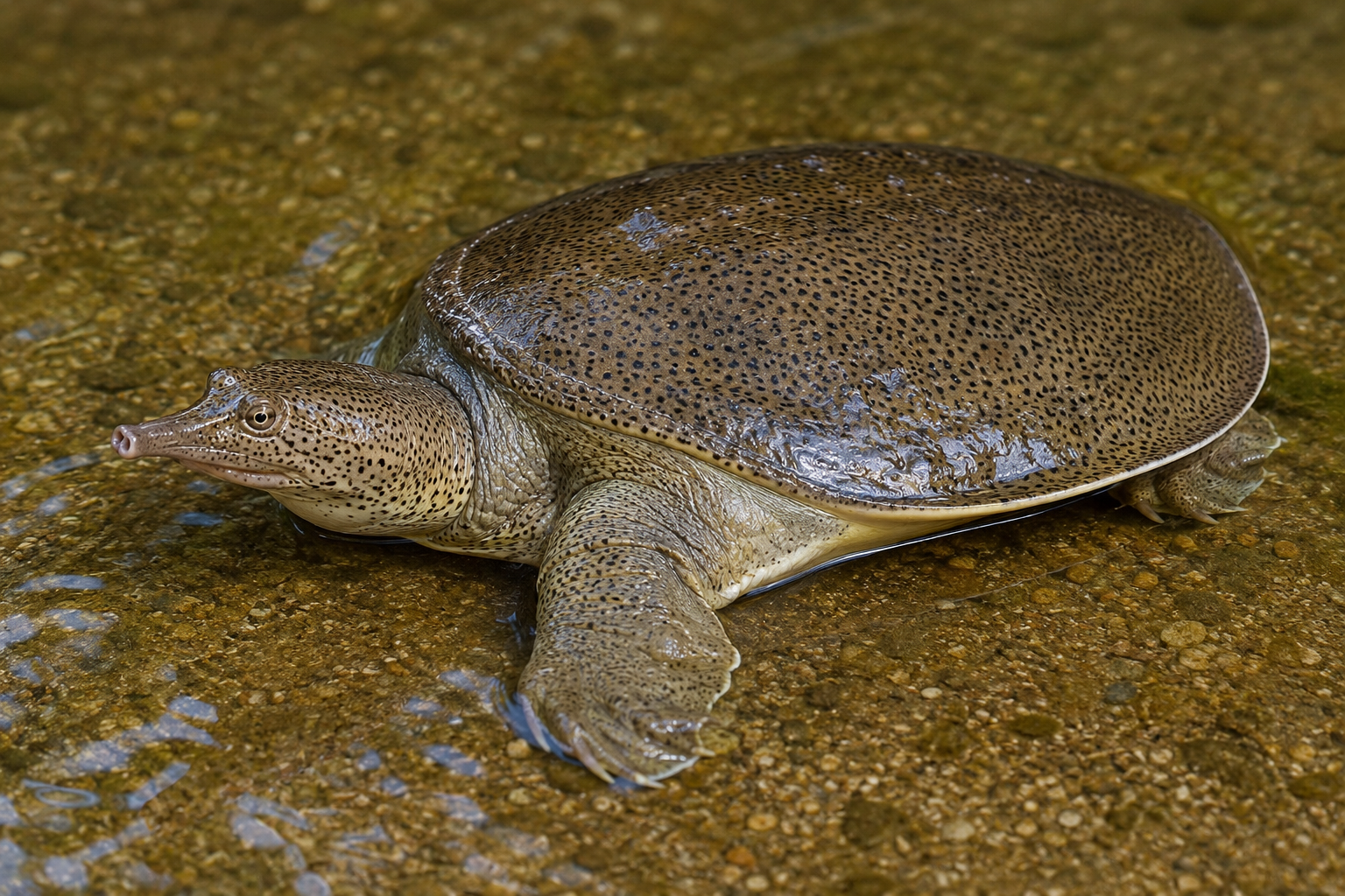 Leith's Softshell Turtle showing its flattened leathery shell and patterned head